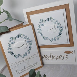 Invitation to communion/confirmation/baptism - fish - eucalyptus - church in kraft paper