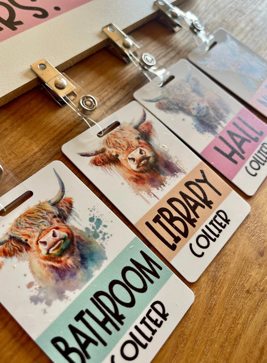 Custom Teacher Name Highland Cow Acrylic Classroom Hall Passes Set