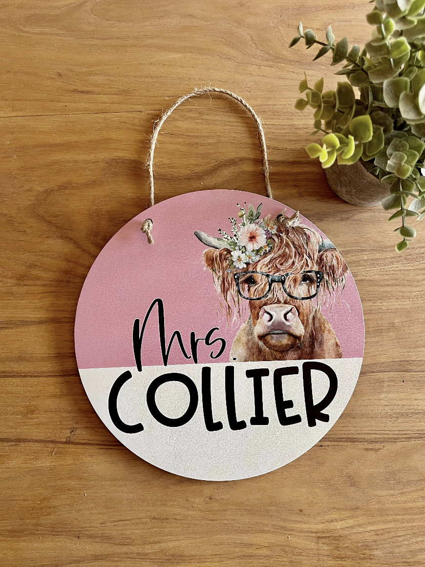 customized your teacher name highland cow floral watercolor wood sign