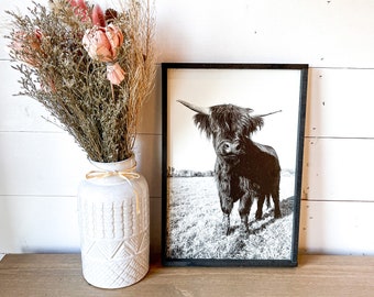 Maggie Black Scottish Highland Cow and baby Fluffy CowPhotos; Framed Wood Photo Signs