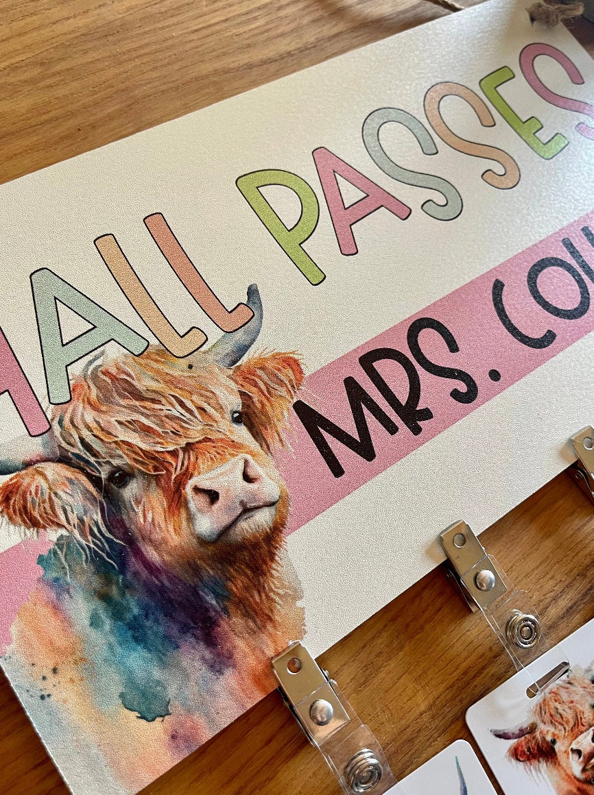 Custom Teacher Name Highland Cow Acrylic Classroom Hall Passes Set