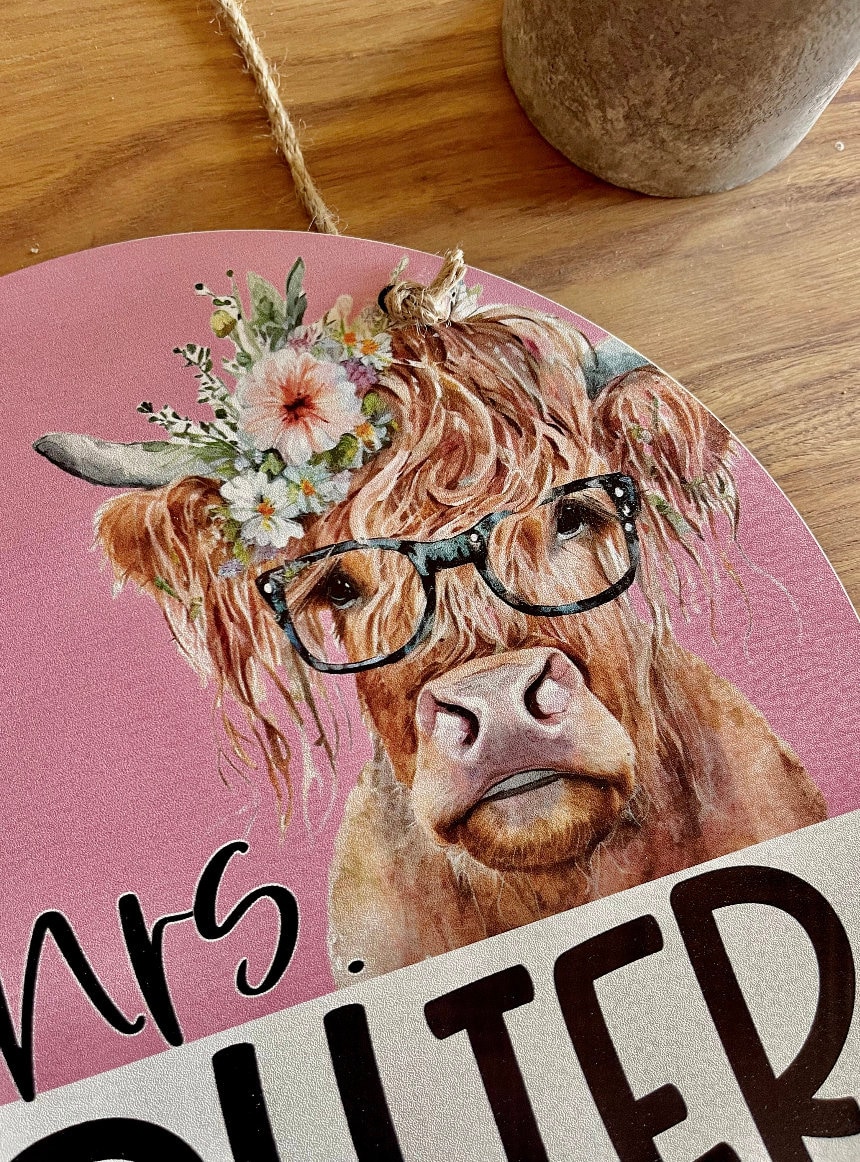customized your teacher name highland cow floral watercolor wood sign