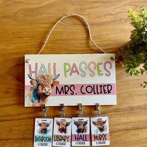 Custom Teacher Name Highland Cow Acrylic Classroom Hall Passes Set