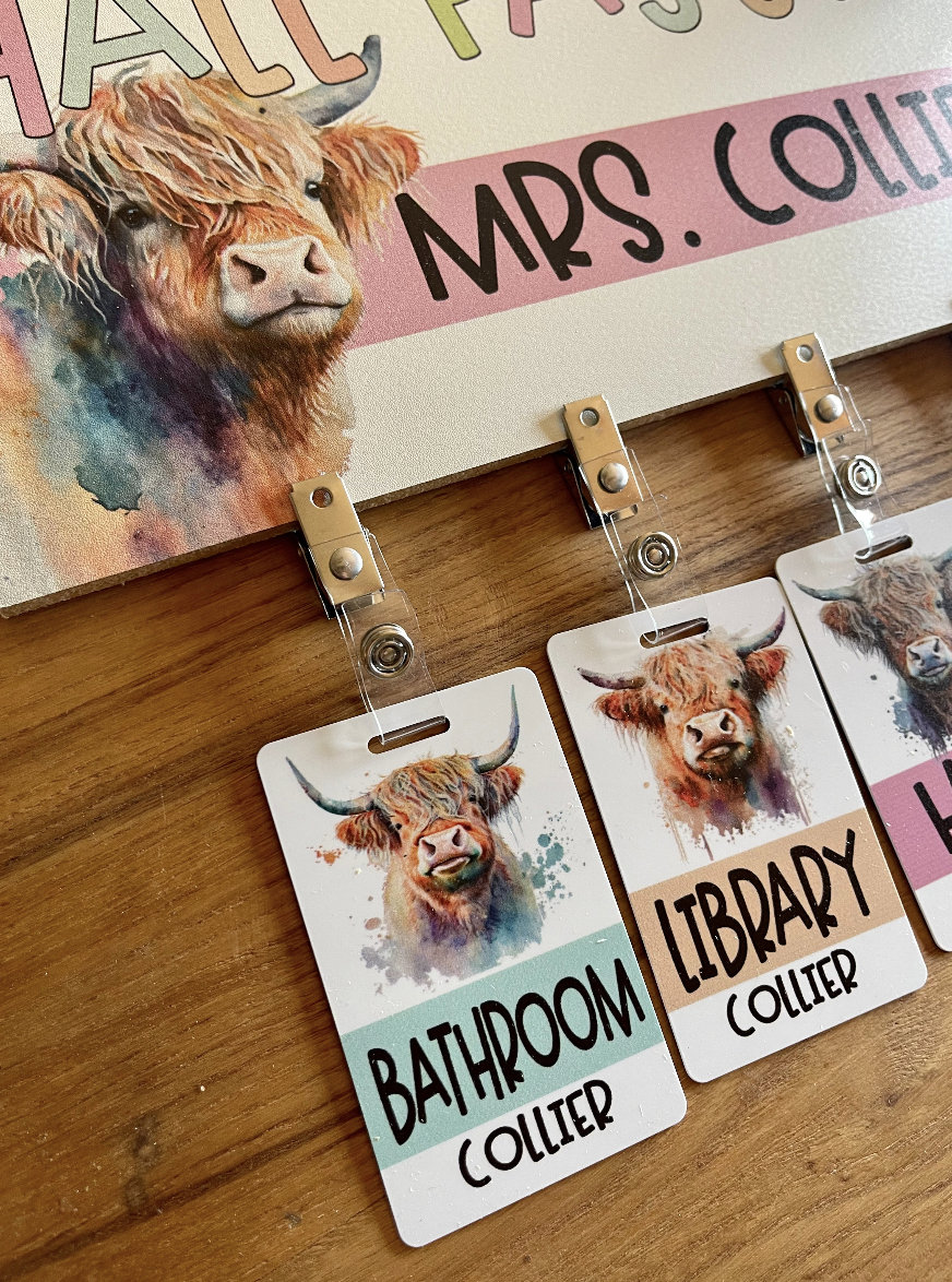 Custom Teacher Name Highland Cow Acrylic Classroom Hall Passes Set