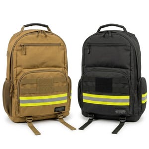 May include: Two tactical backpacks are shown, one in tan and the other in black. Each bag has a top handle, multiple compartments, and a reflective yellow stripe. The bags have adjustable straps and a patch area.