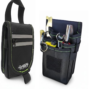 May include: Black tool belt with multiple pockets and a reflective stripe. The belt features a zipper pocket and a handle. The open tool belt displays various tools, including a wrench and screwdriver. The text "FLASHFIRE SUPPLY" is visible on the side.