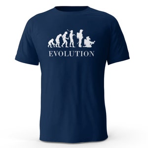 May include: A navy blue t-shirt with a white silhouette of the evolution of man, ending with a firefighter. The text "EVOLUTION" is printed below the silhouettes.