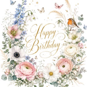 Könnte beinhalten: Eine Grußkarte mit einem Blumenkranz aus rosa und weißen Blüten, blauen Ritterspornen, Eukalyptusblättern, Schmetterlingen und einem Rotkehlchen. Der Text Happy Birthday ist in goldener Schreibschrift in der Mitte des Kranzes zu sehen.