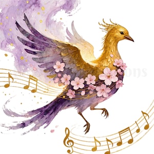 Könnte beinhalten: Aquarellillustration eines goldenen Vogels mit lila und grauen Flügeln, geschmückt mit rosa Kirschblüten. Goldene Noten und Notenlinien fließen um den Vogel vor einem weißen Hintergrund, mit lila und goldenen Akzenten.