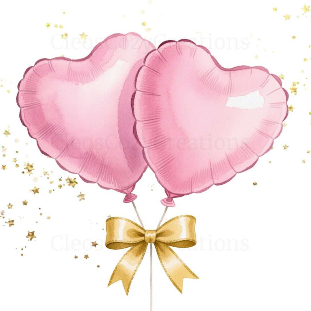 Heart Balloon Clipart Set, Pink Balloon PNG With Gold Bow, Romantic ...
