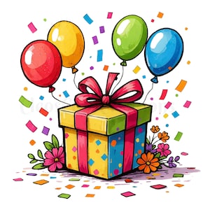 Könnte beinhalten: Eine gelbe Geschenkbox mit einer großen roten Schleife, umgeben von roten, gelben, grünen und blauen Luftballons. Die Szene ist mit buntem Konfetti und Blumensträußen in Pink, Orange und Violett am Fuß der Geschenkbox verziert.