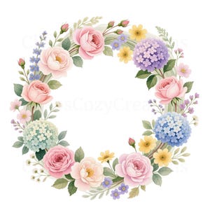 Könnte beinhalten: Ein Aquarell-Blumenkranz mit rosa Rosen, blauen und lila Hortensien und gelben Wildblumen. Der Kranz ist kreisförmig angeordnet mit grünen Blättern und Stielen, ideal für die Frühlings- oder Sommerdekoration.