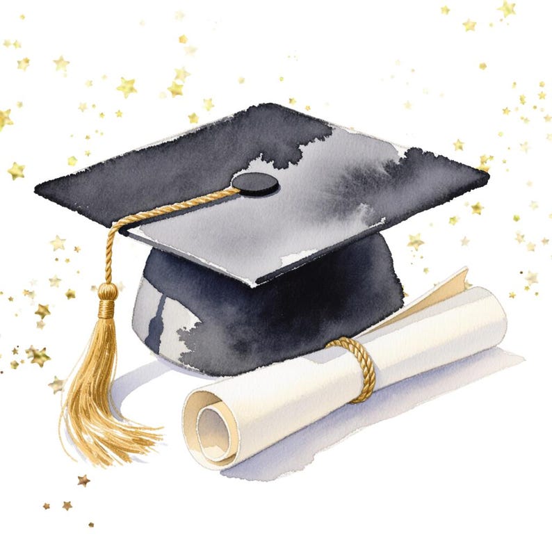 Watercolor Graduation Clipart Set, Graduation Cap & Diploma PNG ...