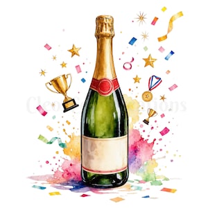 Watercolor Champagne Clipart Set PNG, Celebration Clipart, Party Clipart, Champagne Bottle Glass Confetti, Gold Trophy, Retirement Clipart