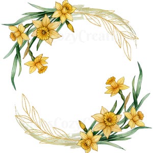 Könnte beinhalten: Ein kreisförmiger Blumenkranz mit gelben Narzissen, grünen Stängeln und Blättern, akzentuiert durch zarte goldene Linienzeichnungen von Blattwerk und weiche, hellgrüne Aquarellpinselstriche, die einen dekorativen Rahmen bilden.