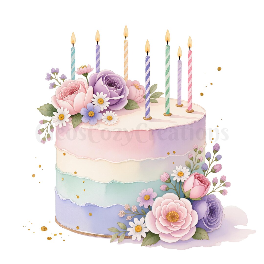 Watercolor Birthday Cake Clipart PNG, Pastel Floral Cake With Candles ...