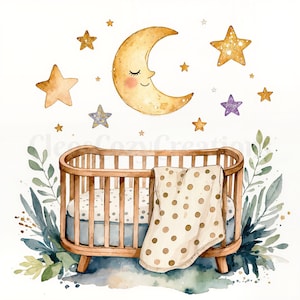Può includere: Illustrazione ad acquerello di una culla per bambini con una luna, stelle e fogliame. La culla è in legno, con un materasso blu e una coperta a pois marroni. La luna ha una faccia sorridente.