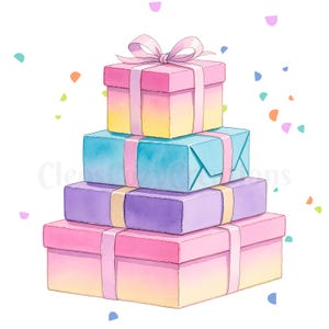 Könnte beinhalten: Eine Aquarellillustration eines Stapels aus vier rechteckigen Geschenkboxen. Die oberste Box ist rosa und gelb mit einer hellrosa Schleife. Die zweite ist blau, die dritte lila und die unterste ist rosa und gelb, alle mit Bändern versehen.
