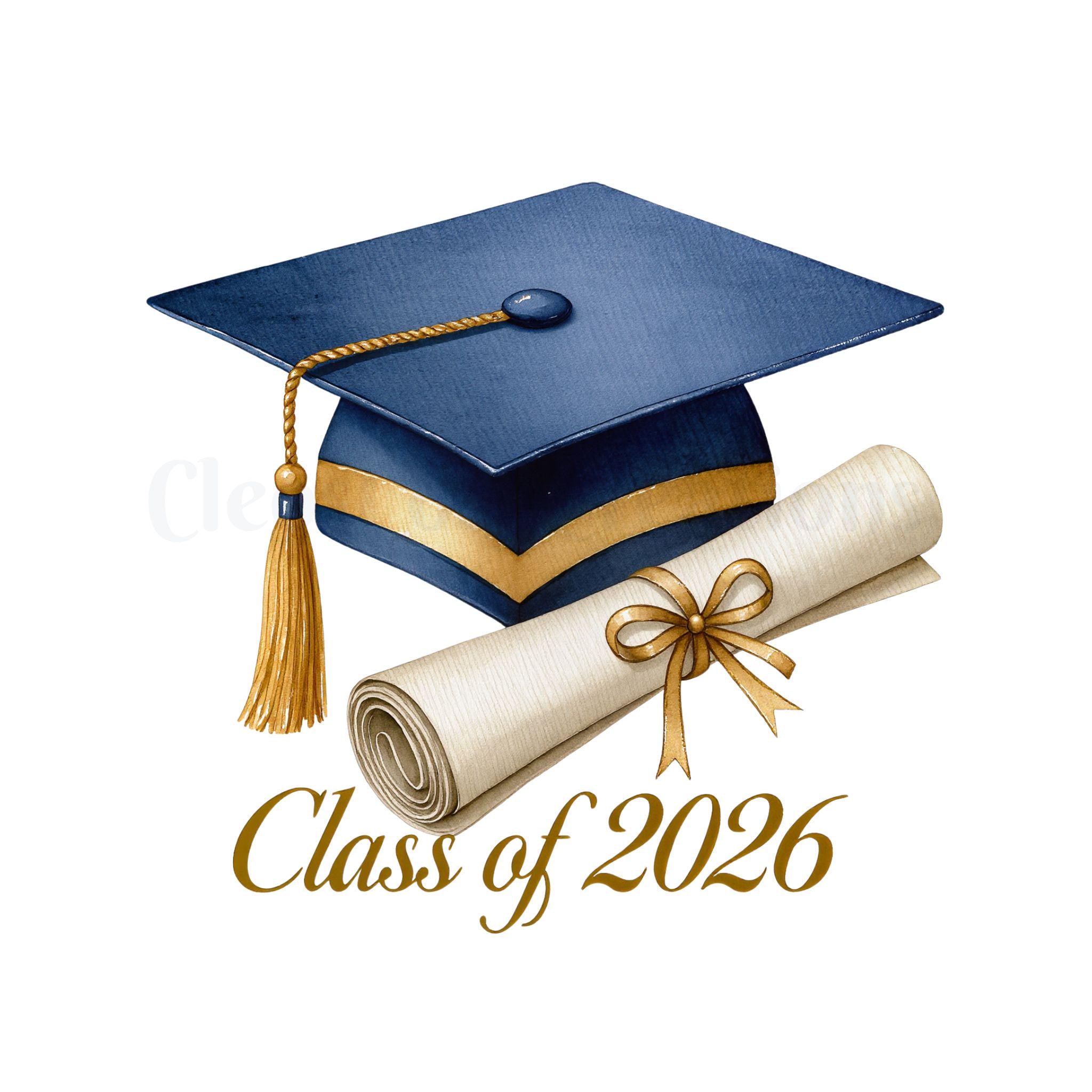Graduation Clipart Navy Gold PNG, Class of 2026 Clipart, Graduation Cap ...
