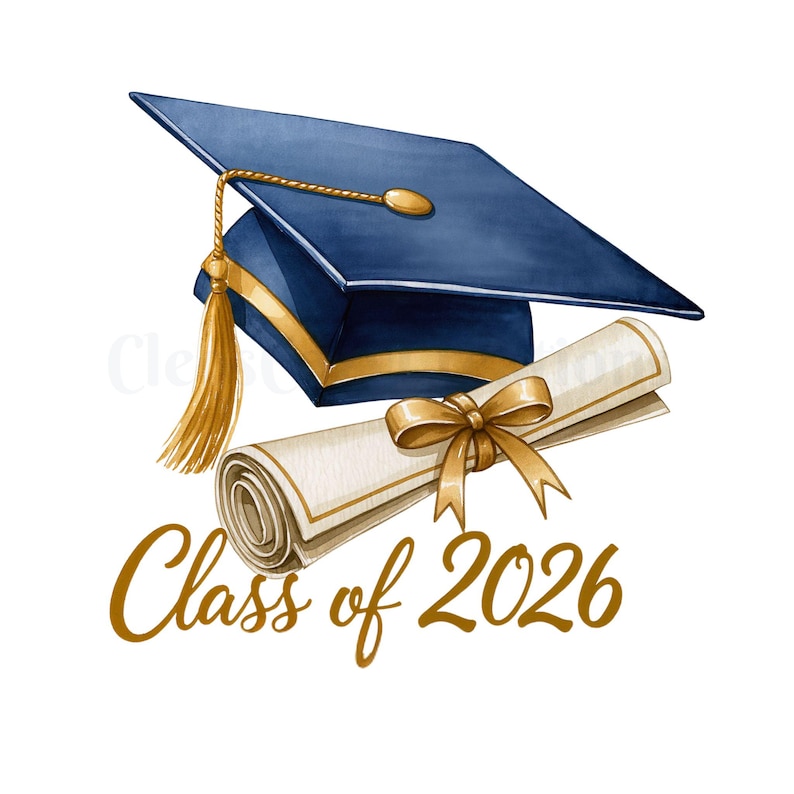 Graduation Clipart Navy Gold PNG, Class of 2026 Clipart, Graduation Cap ...