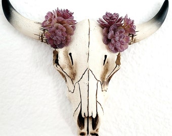 WEDDING CAKE TOPPER,Texas Longhorn,Pink Purple Succulents,Animal Head Wall Decor,Bull Skull,Succulents Gift,Western Cake Topper