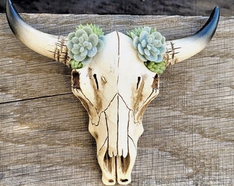 WESTERN RUSTIC Cake Topper with Green Mini Succulents,Wedding Cake Topper,Animal Skull Wall Decor,Bull Skull,One of Kind Cake Topper