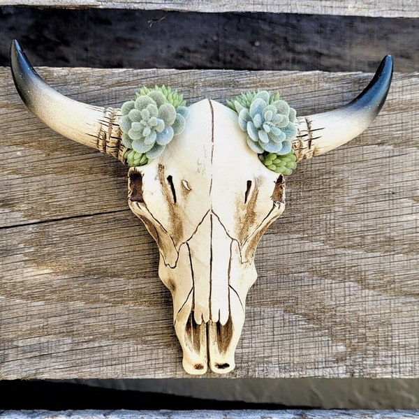 TEXAS LONGHORN SKULLS,Green Mini Succulents,Wedding Cake Topper,Animal Skull Wall Decor,Bull Skull,Faux Cow Skull,Faux Small Succulents