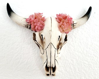 TEXAS LONGHORN SKULL,Pink Mini Succulents,Animal Skull Western Wall Decor,Wedding Decor,Bull Skull Wall Decor,Cow Head,Succulents Gift