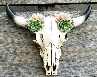 RUSTIC WEDDING CAKE Topper,Skull with Green and Pink Purple Succulents,Western Cake Topper,Cow Skull,Bull Skull Wall Decor,Texas Longhorn