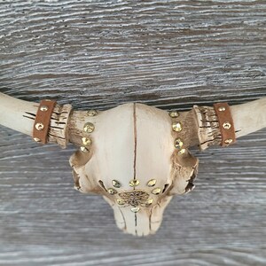 Peut inclure: Un cr&acirc;ne de taureau en c&eacute;ramique blanche avec des accents dor&eacute;s et des lani&egrave;res en cuir marron. Le cr&acirc;ne est d&eacute;cor&eacute; de strass et a un style rustique et western.
