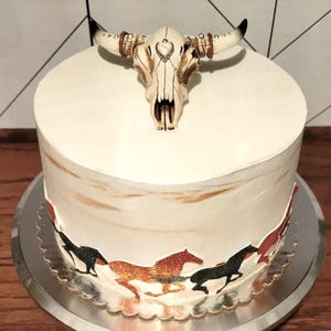 May include: A white cake decorated with a brown and white bull skull and a border of brown and black horses running around the bottom of the cake.