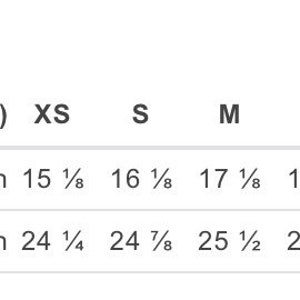 May include: Measurements chart in inches for a garment, showing body width and body length for sizes XS to 2XL. Body width ranges from 15 ⅛ inches to 21 ⅛ inches. Body length ranges from 24 &frac14; inches to 27 ⅜ inches.