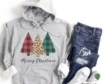 HOODED SWEATSHIRT, Merry Christmas, Buffalo Plaid Tree, Leopard Tree, Colorful, Christmas Hoodie