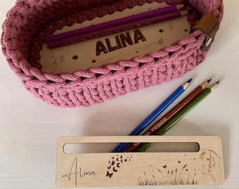 Pen holder / pen box personalized crochet basket baguette shape / back to school / school child