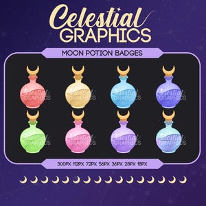 Twitch Sub Badges – Moon Potions | Celestial | Witchy | Magic | 8 Sub & Bit Badges for Streamers