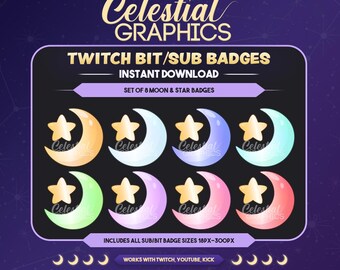 Moon and Stars Twitch Sub Badges: Celestial Streamer Badges (Digital PNG)