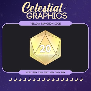 May include: A yellow twenty-sided die with the number 20 in white, set against a black background. The image includes the text "Celestial GRAPHICS" and "YELLOW DUNGEON DICE" in a purple and gold color scheme.
