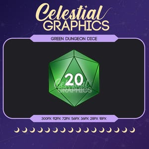 May include: A green twenty-sided die with the number 20 in white, set against a black background. The image is labeled "Green Dungeon Dice" and features the text "Celestial Graphics" in a stylized font, with a purple and blue celestial theme.
