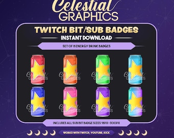 Odznaki Twitch i Kick Sub – Odznaki Bright Energy Drink Stream | 8 zabawnych odznak subskrybenta i Bit | Discord | Pobierz natychmiast