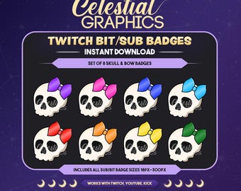 Insignias de suscriptor de Twitch con diseño de calavera y lazo, insignias de bits, gráficos para streamers (conjunto de 8 imágenes para descarga digital)