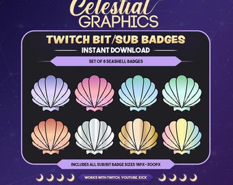 Seashell Twitch-badges, bit-badges, subset van 8 (digitale download) voor YouTube, Kick