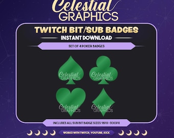 Twitchサブバッジ – グリーンポーカースーツ | ギャンブル | カジノ | カード | ストリーマー向けサブ＆ビットバッジ8個