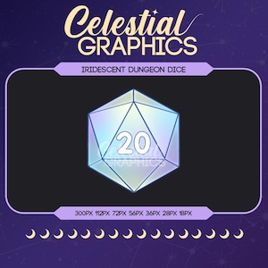 May include: An iridescent twenty-sided die with the number 20 in white, set against a black background. The die is surrounded by a purple frame with the text "Celestial GRAPHICS" and "IRIDESCENT DUNGEON DICE".