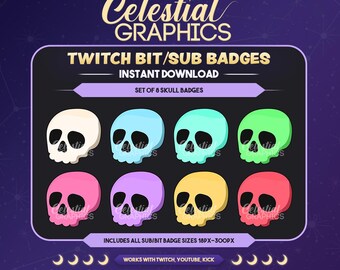 Insignias de calavera para Twitch, insignias de subbit, juego de 8 (descarga instantánea)