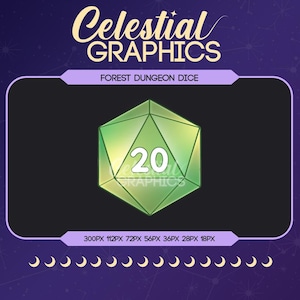 May include: A green and yellow twenty-sided die with the number 20 in white. The die is labeled "Forest Dungeon Dice" and the graphic is from "Celestial Graphics". The background is dark purple with crescent moon icons.