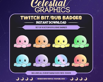 Octopus Plushie Twitch Badges, Sub Badges, Bit Badges, Set of 8 (Digital Download)