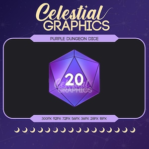 May include: A purple twenty-sided die with the number 20 in white, set against a black background. The image is labeled "Purple Dungeon Dice" and "Celestial Graphics" in a stylized font, with a dark purple starry background.