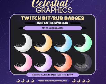 Insignias lunares de Twitch, insignias de bits, suscripción, conjunto de 8, descarga instantánea