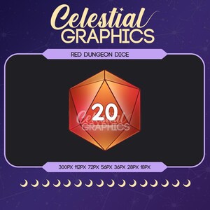May include: A graphic design featuring a red twenty-sided die with the number 20 in white. The text "Celestial GRAPHICS" is at the top, and "RED DUNGEON DICE" is above the die. The background is dark purple with crescent moons.