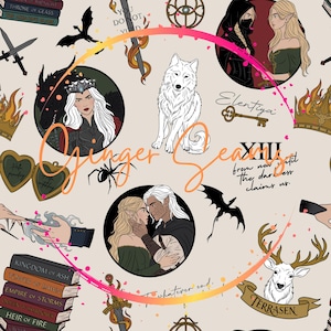 May include: A seamless pattern featuring fantasy illustrations including a white wolf, dragons, swords, crowns, a key, a spider, and character portraits. Text elements include "You do not yield," "Elentiya," "XIII," and "from now until the darkness claims us."